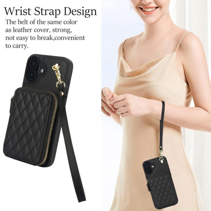 For iPhone 16 AwQuer Crossbody Zipper Wallet Rhombic Leather Back Phone Case(Black)