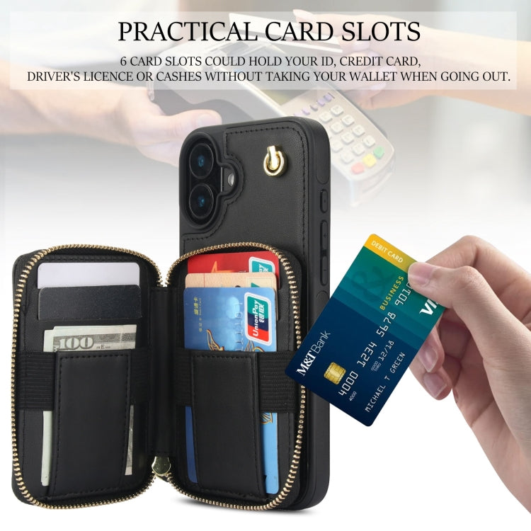 For iPhone 16 AwQuer Crossbody Zipper Wallet Rhombic Leather Back Phone Case(Black)