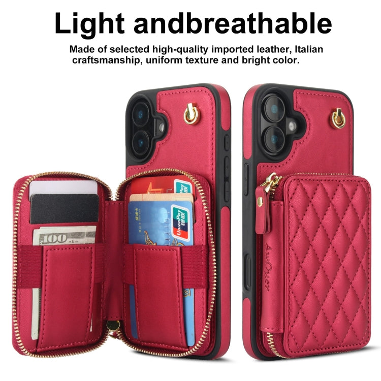 For iPhone 16 AwQuer Crossbody Zipper Wallet Rhombic Leather Back Phone Case(Red)