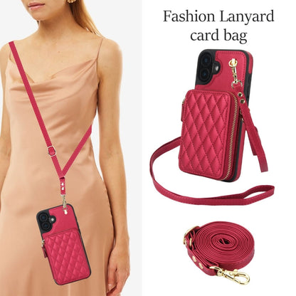 For iPhone 16 AwQuer Crossbody Zipper Wallet Rhombic Leather Back Phone Case(Red)