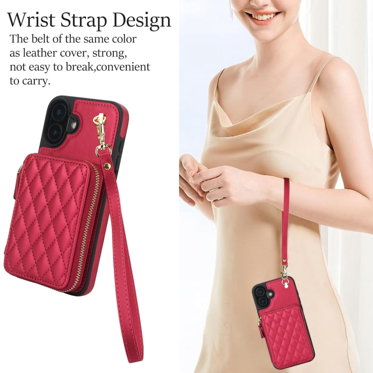 For iPhone 16 AwQuer Crossbody Zipper Wallet Rhombic Leather Back Phone Case(Red)