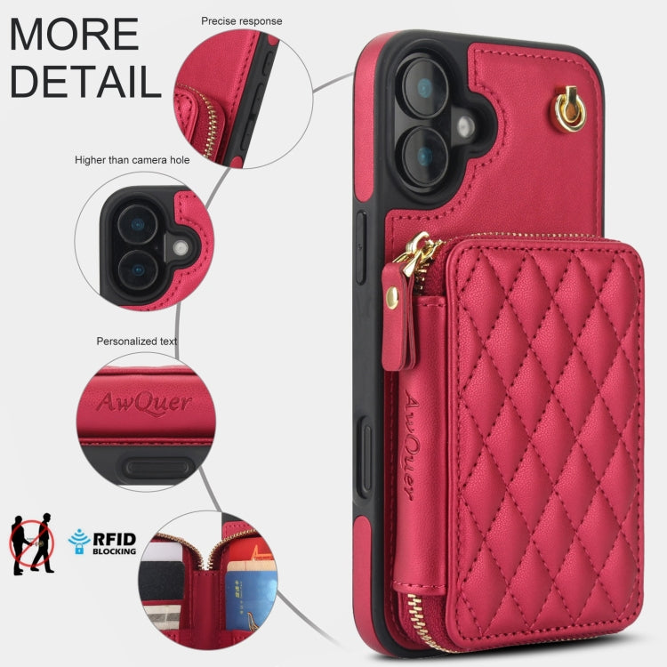 For iPhone 16 AwQuer Crossbody Zipper Wallet Rhombic Leather Back Phone Case(Red)