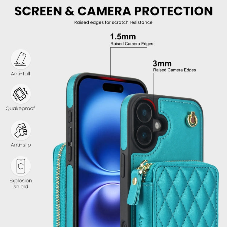For iPhone 16 AwQuer Crossbody Zipper Wallet Rhombic Leather Back Phone Case(Green)