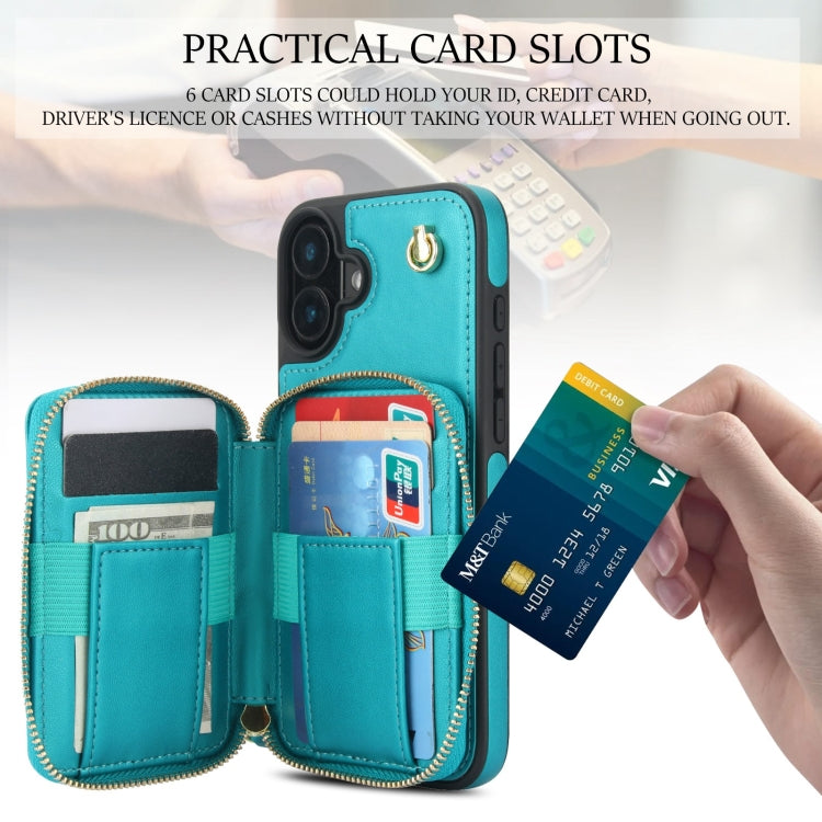 For iPhone 16 AwQuer Crossbody Zipper Wallet Rhombic Leather Back Phone Case(Green)