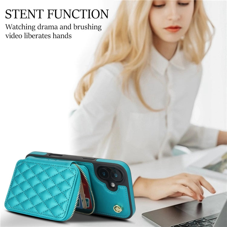 For iPhone 16 AwQuer Crossbody Zipper Wallet Rhombic Leather Back Phone Case(Green)