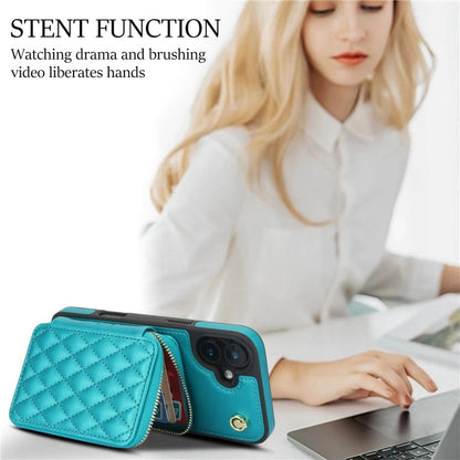 For iPhone 16 AwQuer Crossbody Zipper Wallet Rhombic Leather Back Phone Case(Green)