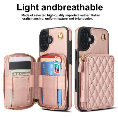 For iPhone 16 AwQuer Crossbody Zipper Wallet Rhombic Leather Back Phone Case(Rose Gold)