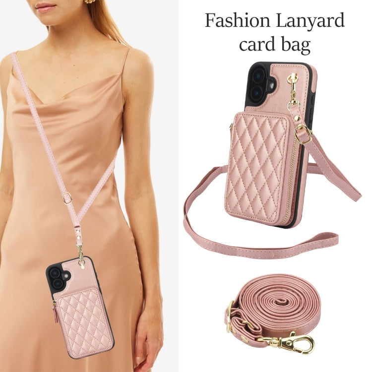 For iPhone 16 AwQuer Crossbody Zipper Wallet Rhombic Leather Back Phone Case(Rose Gold)