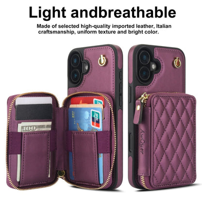 For iPhone 16 AwQuer Crossbody Zipper Wallet Rhombic Leather Back Phone Case(Dark Purple)
