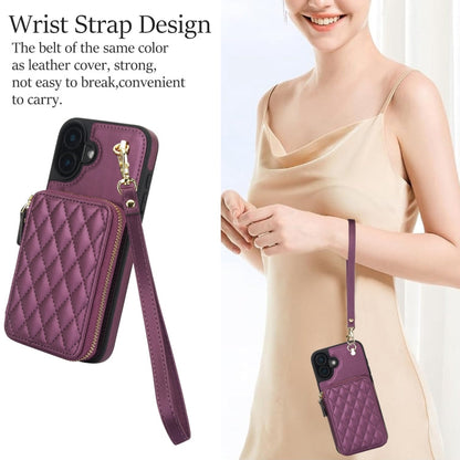 For iPhone 16 AwQuer Crossbody Zipper Wallet Rhombic Leather Back Phone Case(Dark Purple)