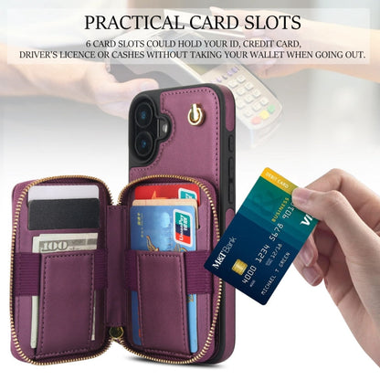 For iPhone 16 AwQuer Crossbody Zipper Wallet Rhombic Leather Back Phone Case(Dark Purple)