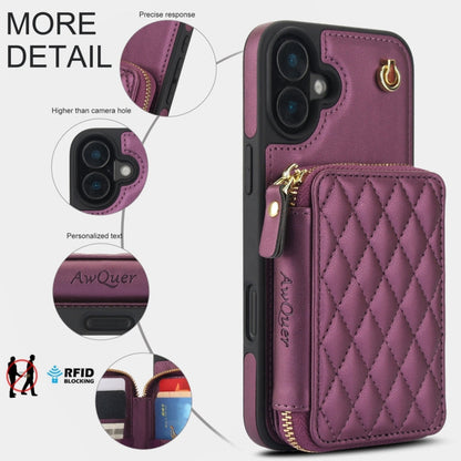 For iPhone 16 AwQuer Crossbody Zipper Wallet Rhombic Leather Back Phone Case(Dark Purple)