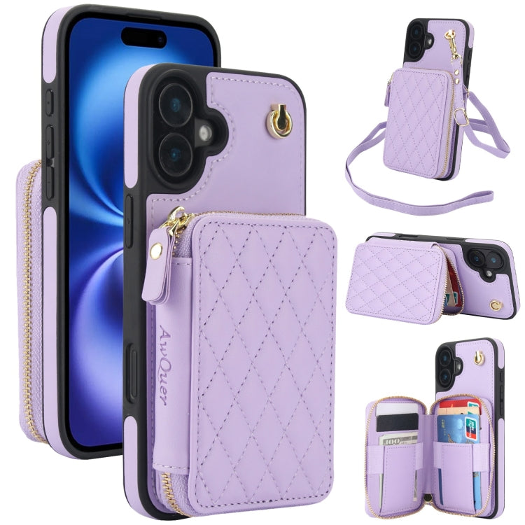 For iPhone 16 AwQuer Crossbody Zipper Wallet Rhombic Leather Back Phone Case(Purple)