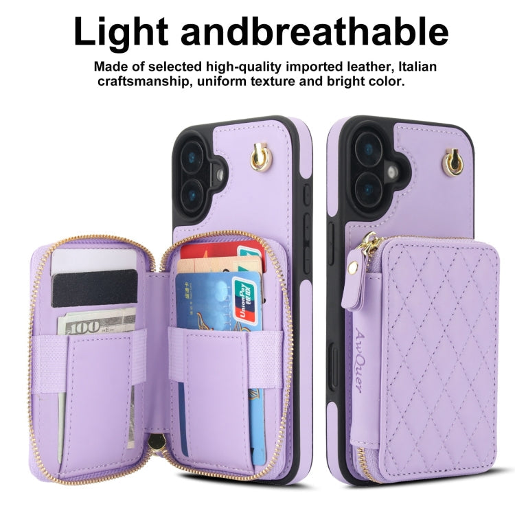 For iPhone 16 AwQuer Crossbody Zipper Wallet Rhombic Leather Back Phone Case(Purple)