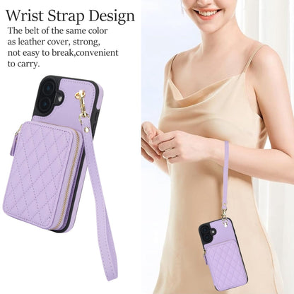 For iPhone 16 AwQuer Crossbody Zipper Wallet Rhombic Leather Back Phone Case(Purple)