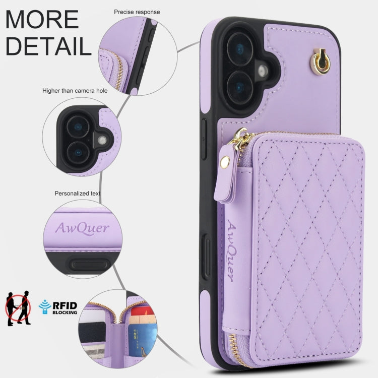 For iPhone 16 AwQuer Crossbody Zipper Wallet Rhombic Leather Back Phone Case(Purple)