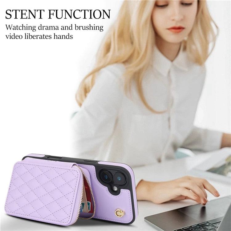 For iPhone 16 AwQuer Crossbody Zipper Wallet Rhombic Leather Back Phone Case(Purple)