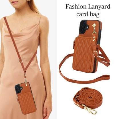 For iPhone 16 AwQuer Crossbody Zipper Wallet Rhombic Leather Back Phone Case(Brown)