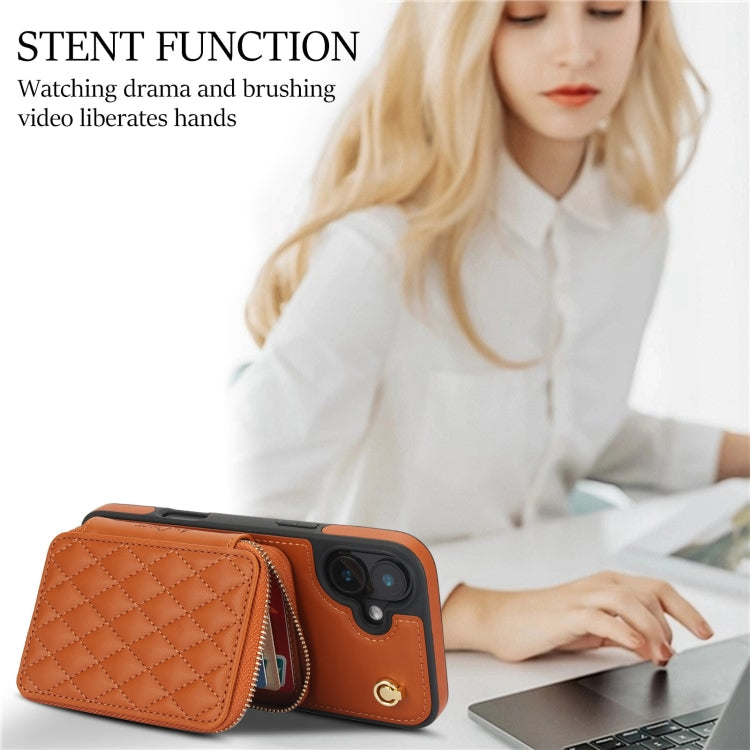 For iPhone 16 AwQuer Crossbody Zipper Wallet Rhombic Leather Back Phone Case(Brown)