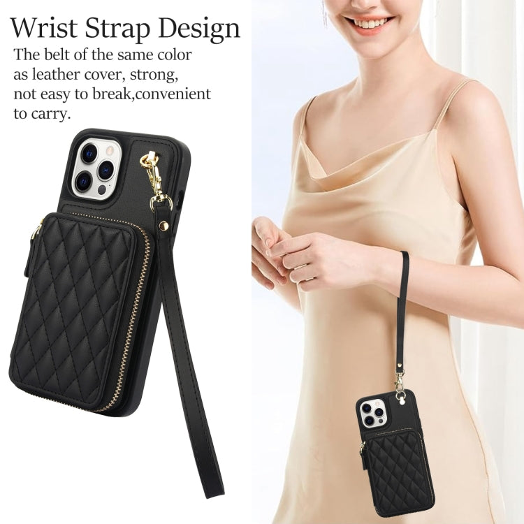 For iPhone 15 Pro Max AwQuer Crossbody Zipper Wallet Rhombic Leather Back Phone Case(Black)