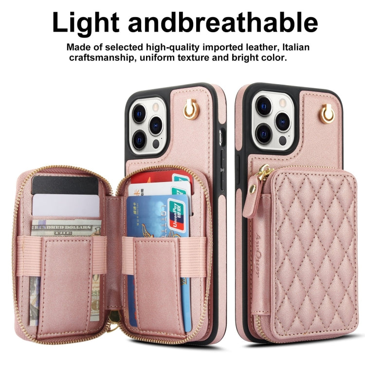 For iPhone 15 Pro Max AwQuer Crossbody Zipper Wallet Rhombic Leather Back Phone Case(Rose Gold)