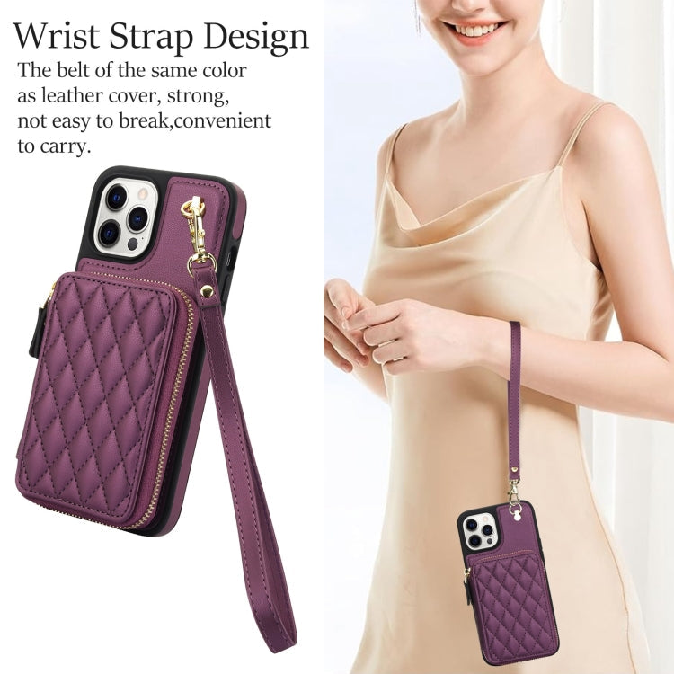 For iPhone 15 Pro Max AwQuer Crossbody Zipper Wallet Rhombic Leather Back Phone Case(Dark Purple)