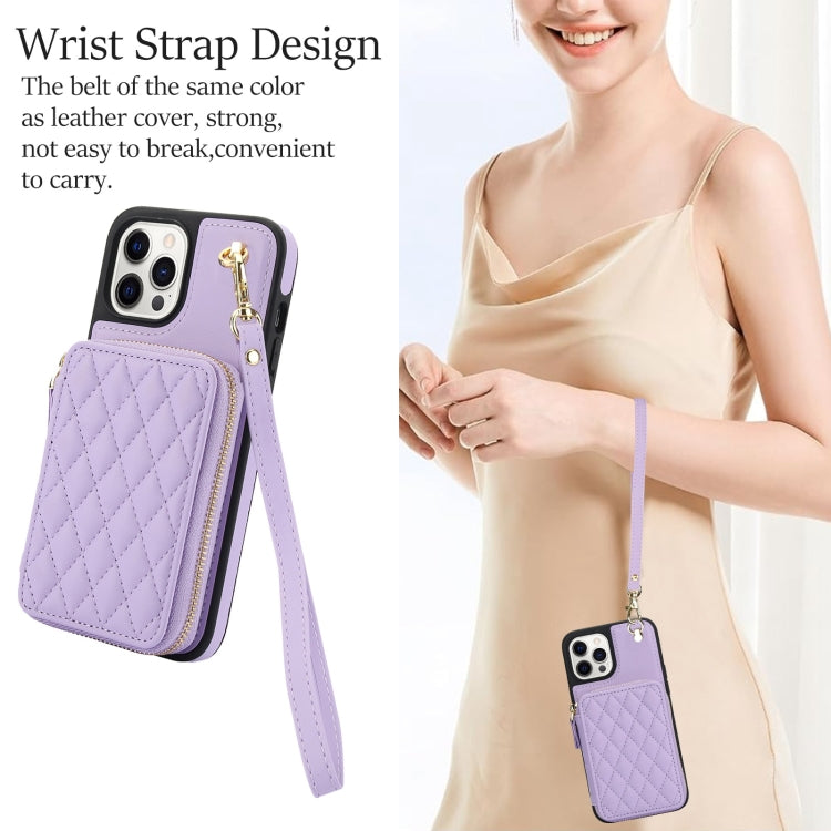 For iPhone 15 Pro Max AwQuer Crossbody Zipper Wallet Rhombic Leather Back Phone Case(Purple)