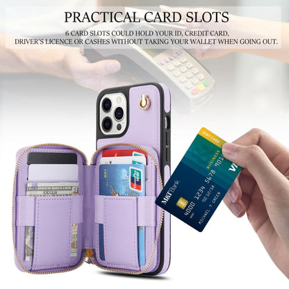 For iPhone 15 Pro Max AwQuer Crossbody Zipper Wallet Rhombic Leather Back Phone Case(Purple)