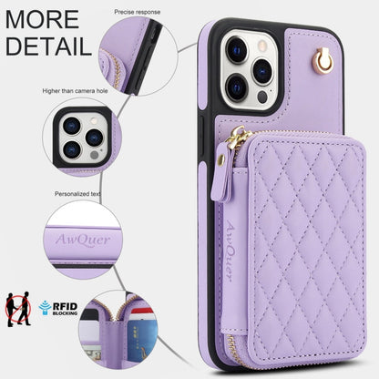 For iPhone 15 Pro Max AwQuer Crossbody Zipper Wallet Rhombic Leather Back Phone Case(Purple)
