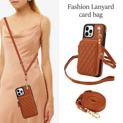 For iPhone 15 Pro Max AwQuer Crossbody Zipper Wallet Rhombic Leather Back Phone Case(Brown)