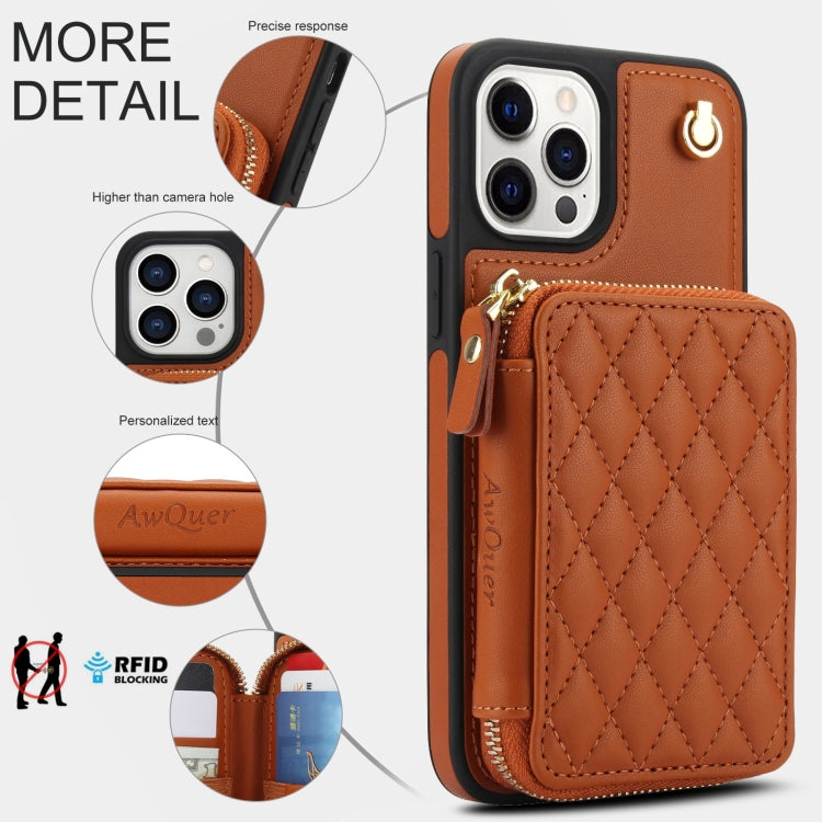 For iPhone 15 Pro Max AwQuer Crossbody Zipper Wallet Rhombic Leather Back Phone Case(Brown)