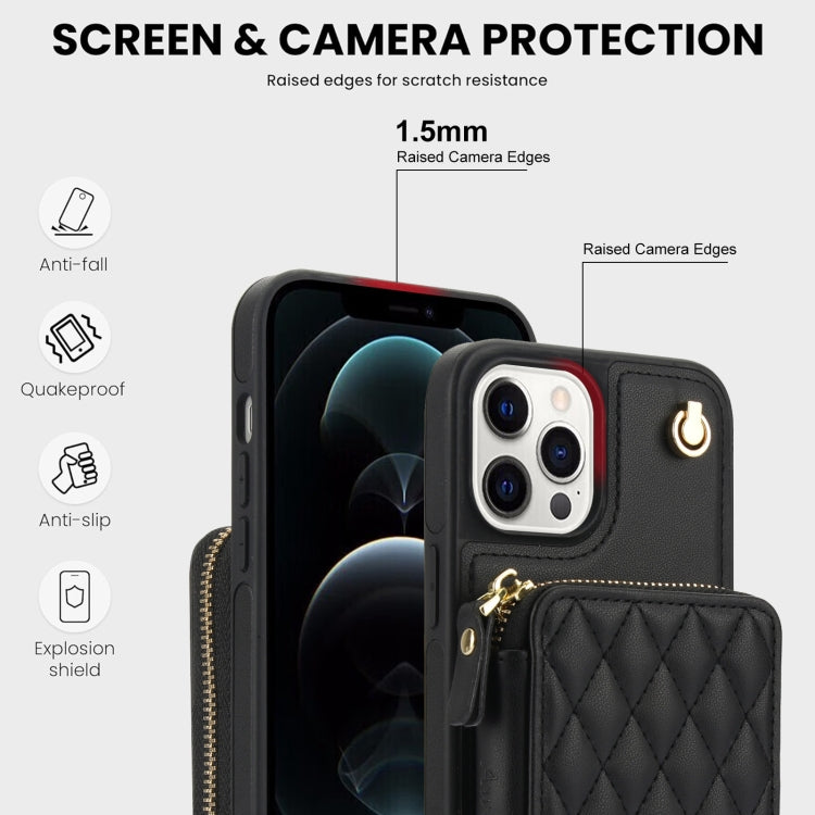 For iPhone 15 Pro AwQuer Crossbody Zipper Wallet Rhombic Leather Back Phone Case(Black)