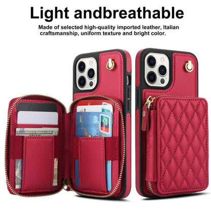 For iPhone 15 Pro AwQuer Crossbody Zipper Wallet Rhombic Leather Back Phone Case(Red)