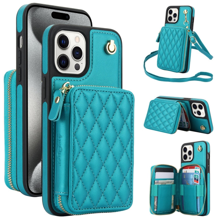 For iPhone 15 Pro AwQuer Crossbody Zipper Wallet Rhombic Leather Back Phone Case(Green)