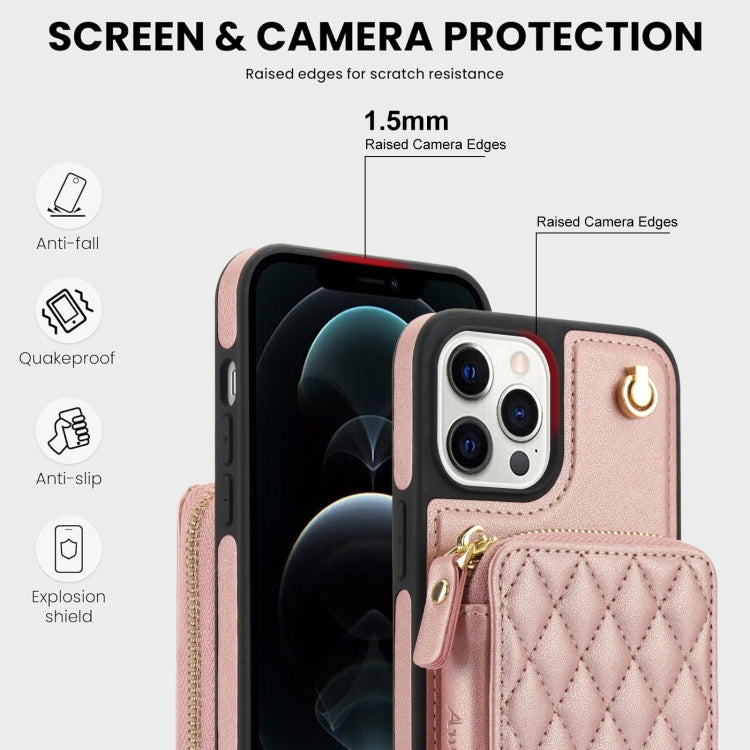 For iPhone 15 Pro AwQuer Crossbody Zipper Wallet Rhombic Leather Back Phone Case(Rose Gold)