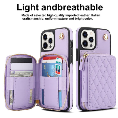 For iPhone 15 Pro AwQuer Crossbody Zipper Wallet Rhombic Leather Back Phone Case(Purple)
