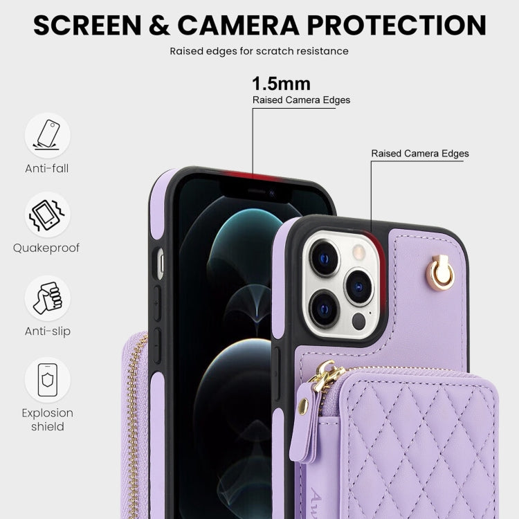 For iPhone 15 Pro AwQuer Crossbody Zipper Wallet Rhombic Leather Back Phone Case(Purple)