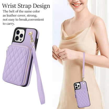 For iPhone 15 Pro AwQuer Crossbody Zipper Wallet Rhombic Leather Back Phone Case(Purple)