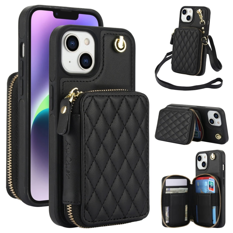 For iPhone 15 Plus AwQuer Crossbody Zipper Wallet Rhombic Leather Back Phone Case(Black)