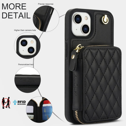 For iPhone 15 Plus AwQuer Crossbody Zipper Wallet Rhombic Leather Back Phone Case(Black)