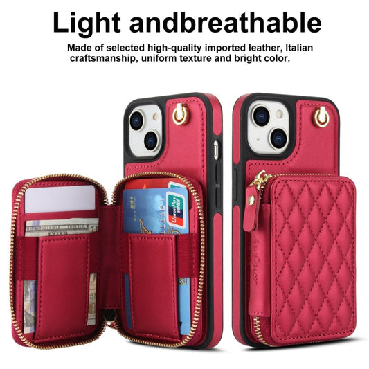 For iPhone 15 Plus AwQuer Crossbody Zipper Wallet Rhombic Leather Back Phone Case(Red)