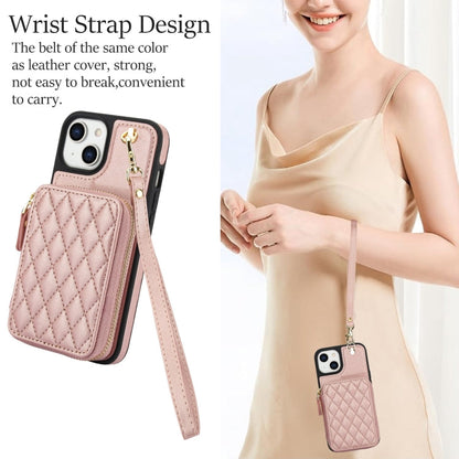 For iPhone 15 Plus AwQuer Crossbody Zipper Wallet Rhombic Leather Back Phone Case(Rose Gold)