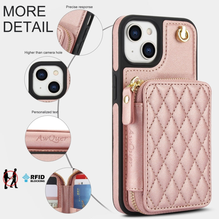 For iPhone 15 Plus AwQuer Crossbody Zipper Wallet Rhombic Leather Back Phone Case(Rose Gold)