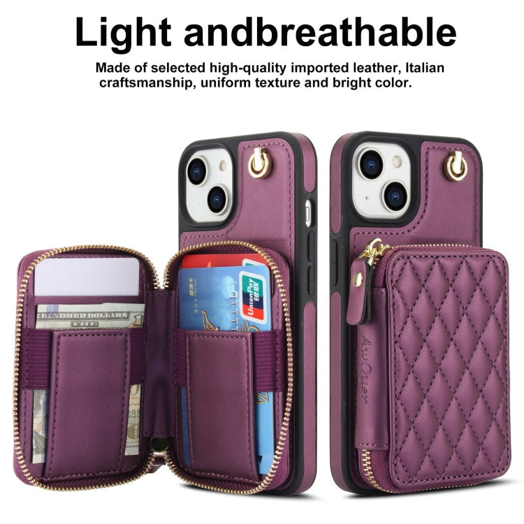 For iPhone 15 Plus AwQuer Crossbody Zipper Wallet Rhombic Leather Back Phone Case(Dark Purple)