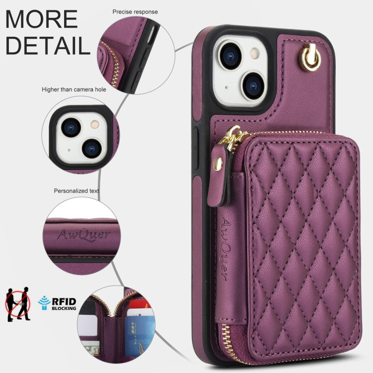 For iPhone 15 Plus AwQuer Crossbody Zipper Wallet Rhombic Leather Back Phone Case(Dark Purple)