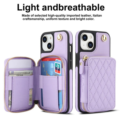 For iPhone 15 Plus AwQuer Crossbody Zipper Wallet Rhombic Leather Back Phone Case(Purple)