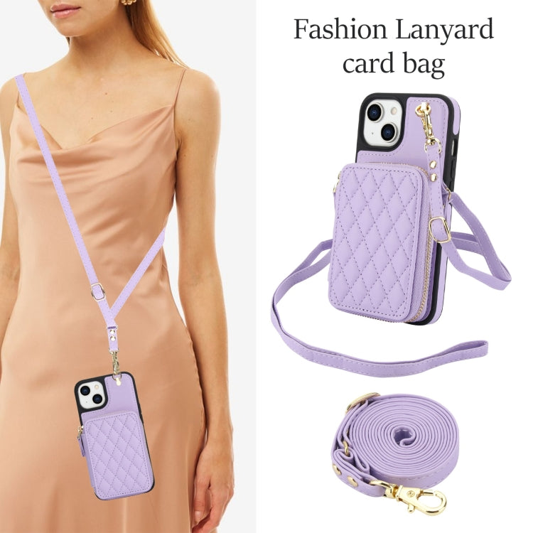 For iPhone 15 Plus AwQuer Crossbody Zipper Wallet Rhombic Leather Back Phone Case(Purple)