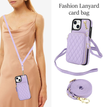 For iPhone 15 Plus AwQuer Crossbody Zipper Wallet Rhombic Leather Back Phone Case(Purple)