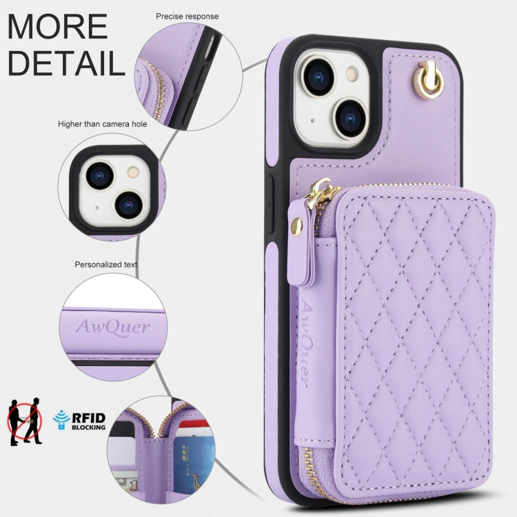 For iPhone 15 Plus AwQuer Crossbody Zipper Wallet Rhombic Leather Back Phone Case(Purple)