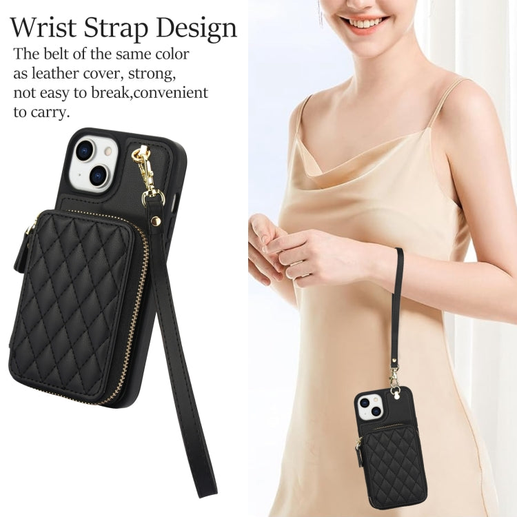 For iPhone 15 AwQuer Crossbody Zipper Wallet Rhombic Leather Back Phone Case(Black)